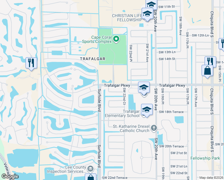 map of restaurants, bars, coffee shops, grocery stores, and more near 2319 Southwest 16th Terrace in Cape Coral