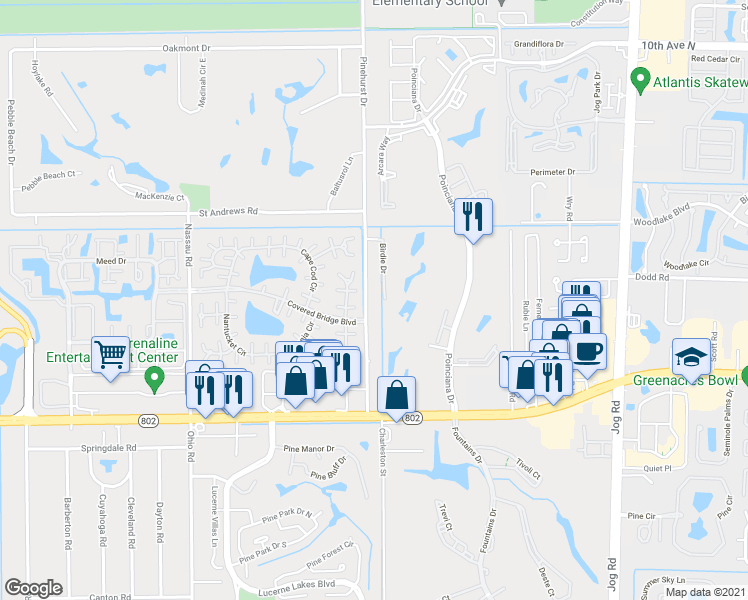 map of restaurants, bars, coffee shops, grocery stores, and more near 3702 Pinehurst Drive in Lake Worth