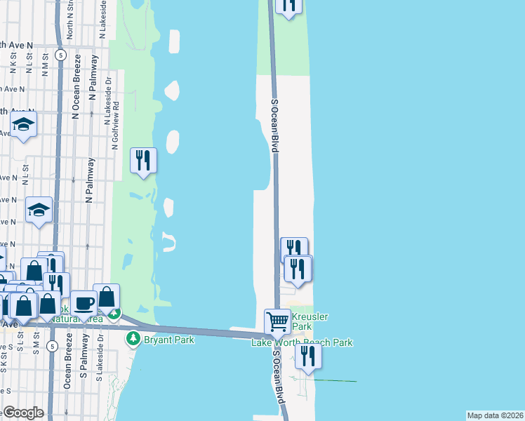 map of restaurants, bars, coffee shops, grocery stores, and more near 2760 South Ocean Boulevard in Palm Beach