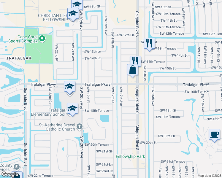 map of restaurants, bars, coffee shops, grocery stores, and more near 1721 Southwest 16th Terrace in Cape Coral