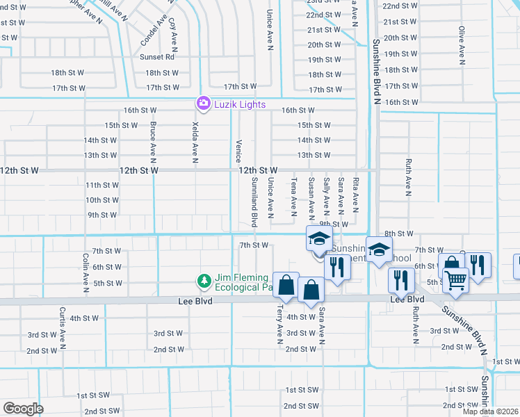 map of restaurants, bars, coffee shops, grocery stores, and more near 908 Sunniland Boulevard in Lehigh Acres