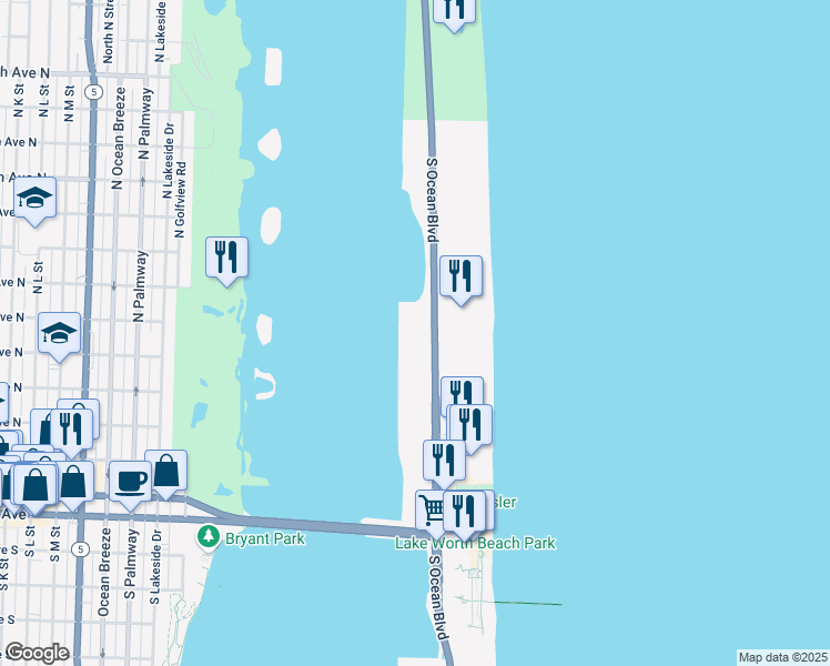 map of restaurants, bars, coffee shops, grocery stores, and more near 2760 South Ocean Boulevard in Palm Beach