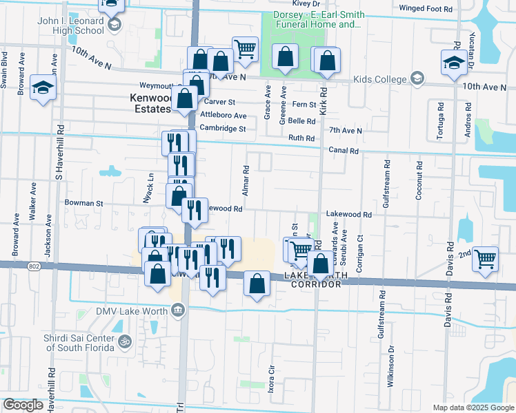 map of restaurants, bars, coffee shops, grocery stores, and more near 3739 Laurette Lane in Lake Worth