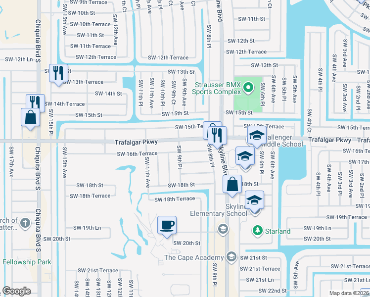 map of restaurants, bars, coffee shops, grocery stores, and more near 849 Southwest 16th Terrace in Cape Coral
