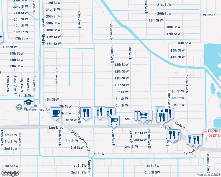 map of restaurants, bars, coffee shops, grocery stores, and more near 3004 9th Street West in Lehigh Acres