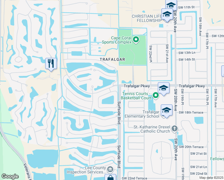 map of restaurants, bars, coffee shops, grocery stores, and more near 2557 Ashbury Circle in Cape Coral
