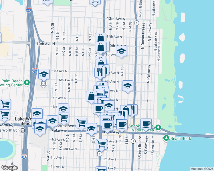 map of restaurants, bars, coffee shops, grocery stores, and more near 515 North J Street in Lake Worth