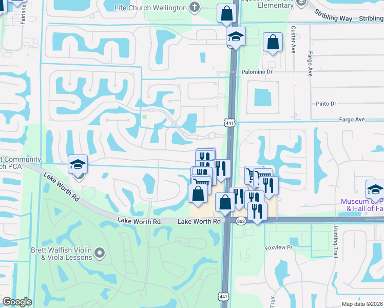 map of restaurants, bars, coffee shops, grocery stores, and more near 10344 Trianon Place in Wellington