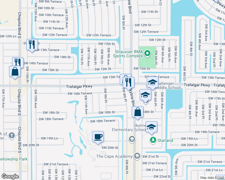map of restaurants, bars, coffee shops, grocery stores, and more near 849 Southwest 16th Terrace in Cape Coral