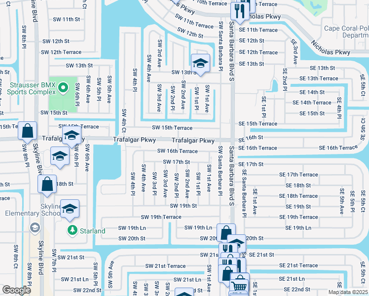 map of restaurants, bars, coffee shops, grocery stores, and more near 203 Southwest 16th Terrace in Cape Coral