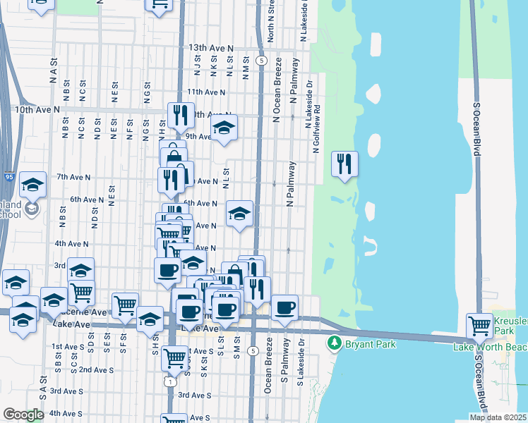 map of restaurants, bars, coffee shops, grocery stores, and more near 10 North Olive Avenue in Lake Worth