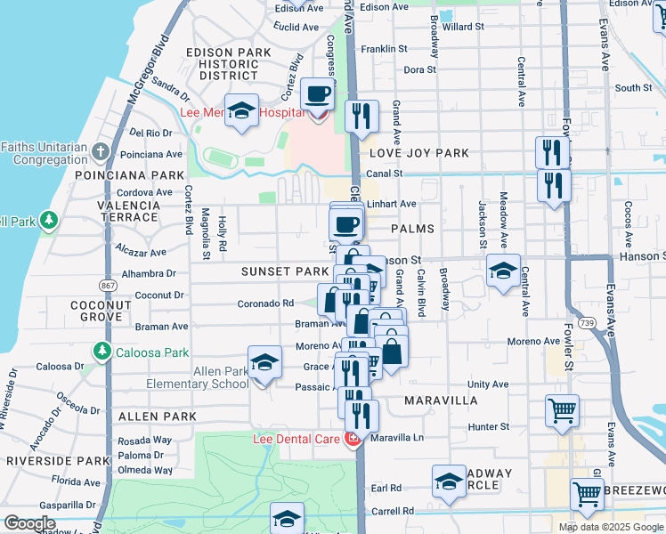 map of restaurants, bars, coffee shops, grocery stores, and more near 1943 Sunset Place in Fort Myers