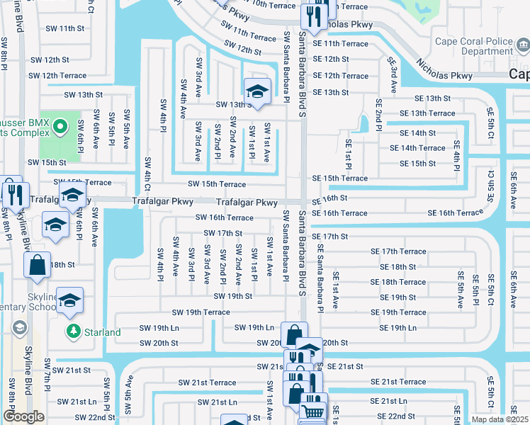 map of restaurants, bars, coffee shops, grocery stores, and more near 101 Southwest 16th Terrace in Cape Coral