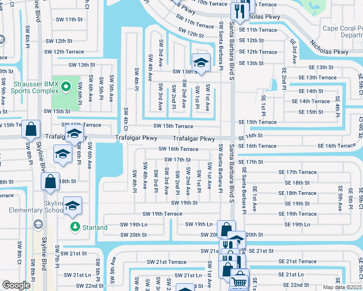 map of restaurants, bars, coffee shops, grocery stores, and more near 223 Southwest 16th Terrace in Cape Coral