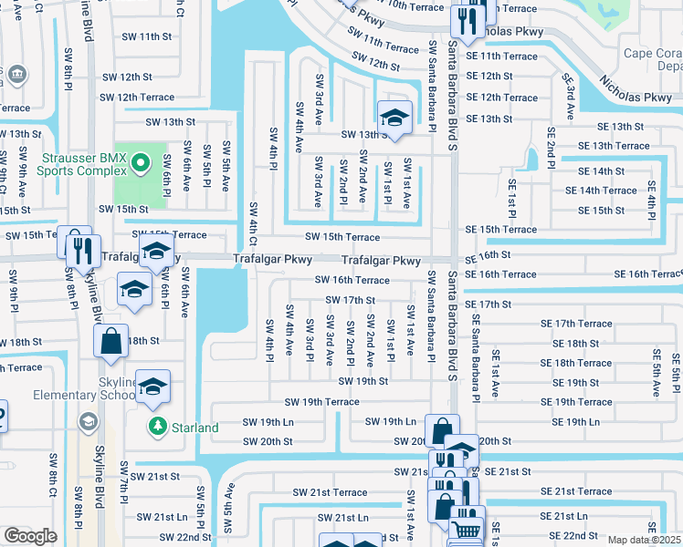 map of restaurants, bars, coffee shops, grocery stores, and more near 223 Southwest 16th Terrace in Cape Coral