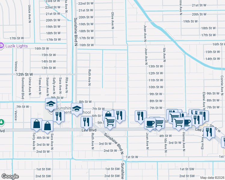 map of restaurants, bars, coffee shops, grocery stores, and more near 3204 9th Street West in Lehigh Acres