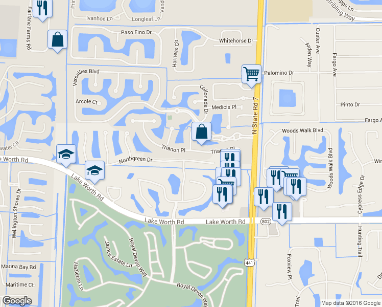 map of restaurants, bars, coffee shops, grocery stores, and more near 10380 Trianon Place in Wellington