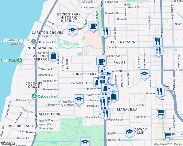 map of restaurants, bars, coffee shops, grocery stores, and more near 1850 Hanson Street in Fort Myers