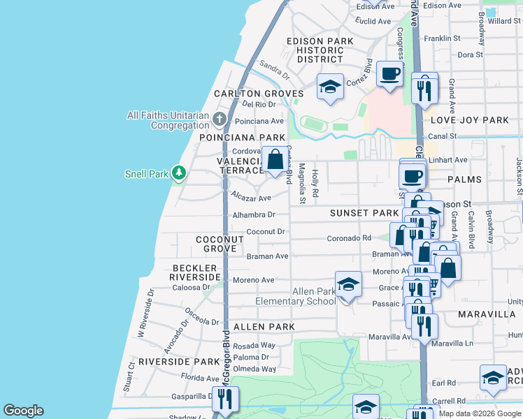 map of restaurants, bars, coffee shops, grocery stores, and more near 1505 Alhambra Dr in Fort Myers