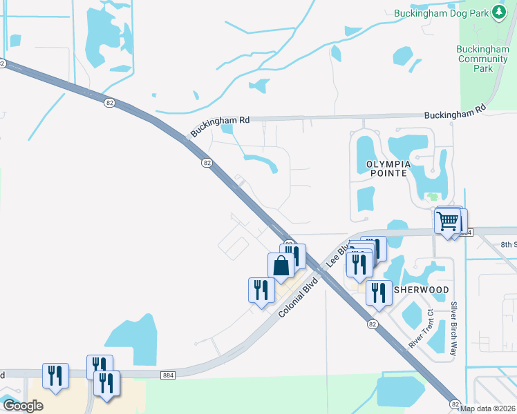 map of restaurants, bars, coffee shops, grocery stores, and more near 445 Florida 82 in Lehigh Acres