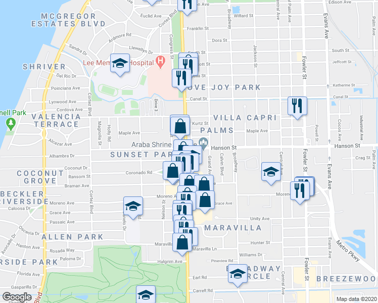 map of restaurants, bars, coffee shops, grocery stores, and more near 3005 Cleveland Avenue in Fort Myers
