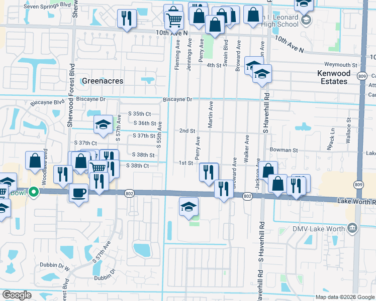 map of restaurants, bars, coffee shops, grocery stores, and more near 224 Jennings Avenue in Greenacres