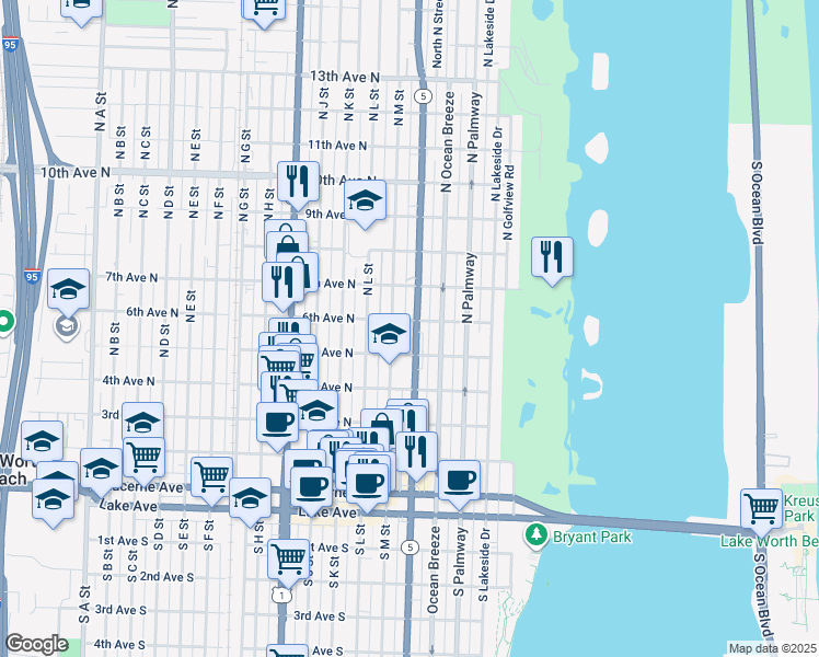 map of restaurants, bars, coffee shops, grocery stores, and more near 10 North Olive Avenue in Lake Worth