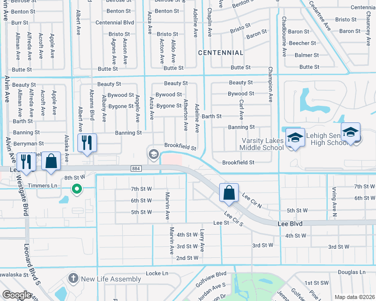 map of restaurants, bars, coffee shops, grocery stores, and more near 5107 Brookfield Street in Lehigh Acres