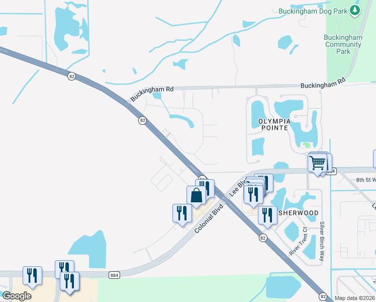 map of restaurants, bars, coffee shops, grocery stores, and more near 445 Florida 82 in Lehigh Acres