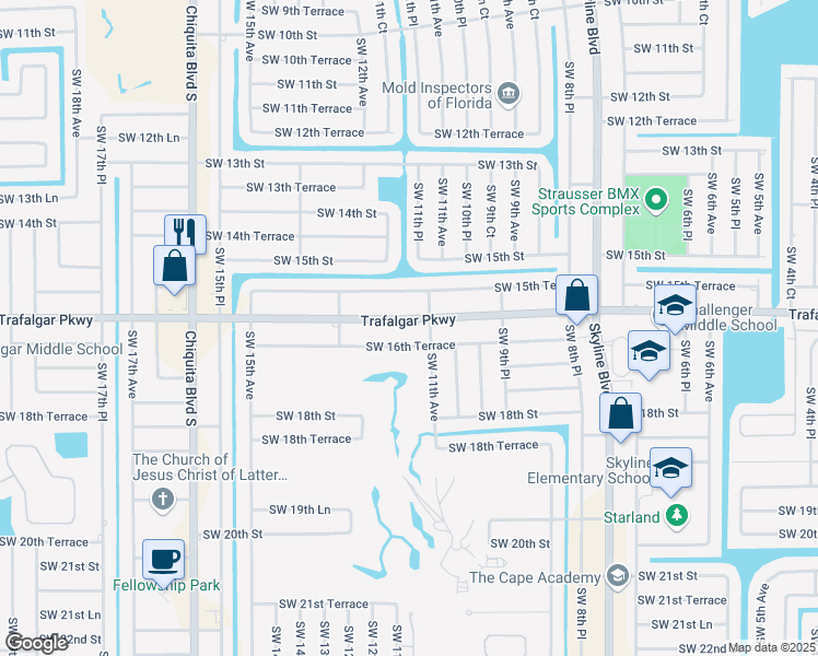 map of restaurants, bars, coffee shops, grocery stores, and more near 1112 Trafalgar Parkway in Cape Coral