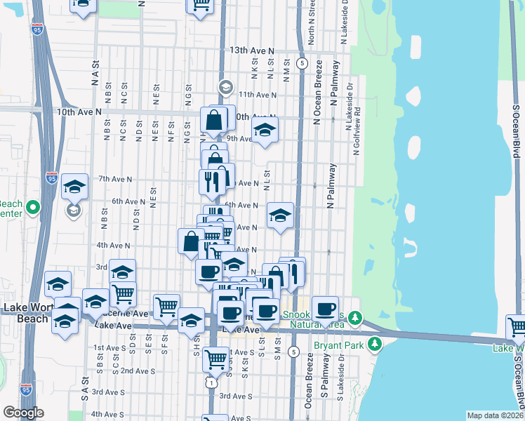 map of restaurants, bars, coffee shops, grocery stores, and more near 514 North K Street in Lake Worth