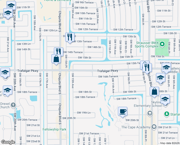 map of restaurants, bars, coffee shops, grocery stores, and more near 1225 Southwest 16th Terrace in Cape Coral