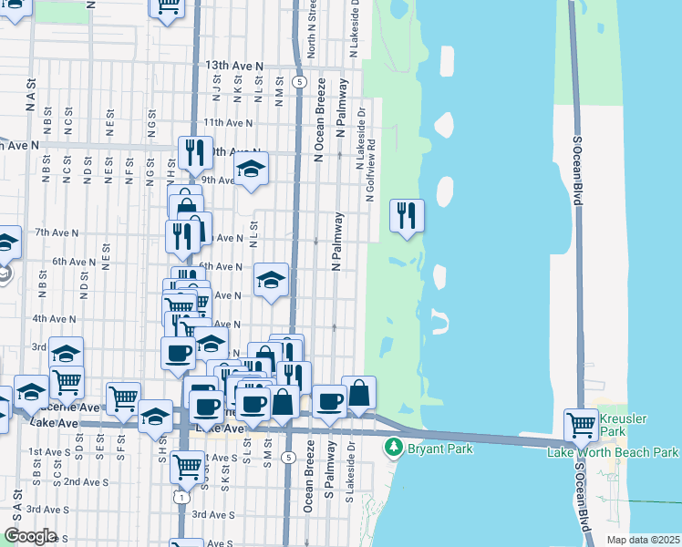 map of restaurants, bars, coffee shops, grocery stores, and more near 519 North Palmway in Lake Worth