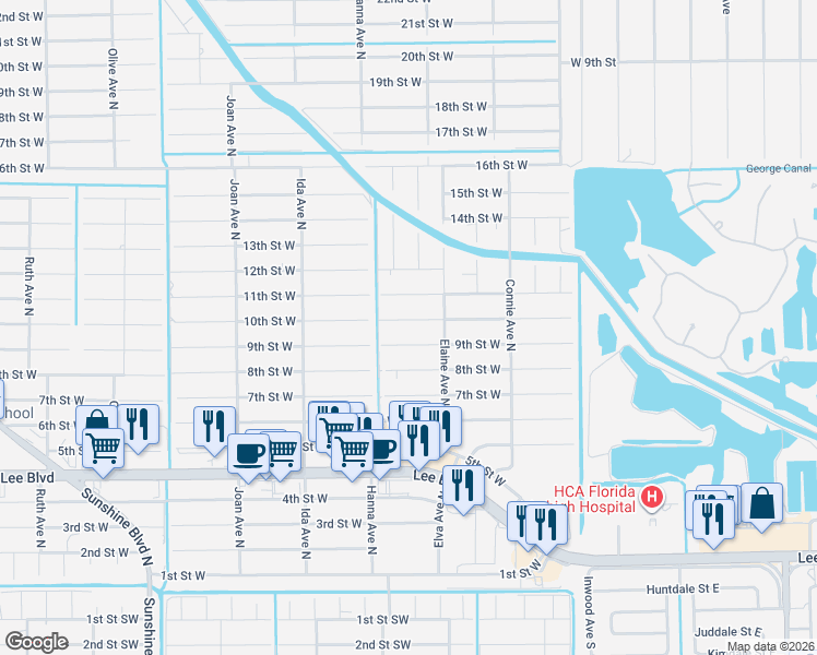 map of restaurants, bars, coffee shops, grocery stores, and more near 2710 9th Street West in Lehigh Acres