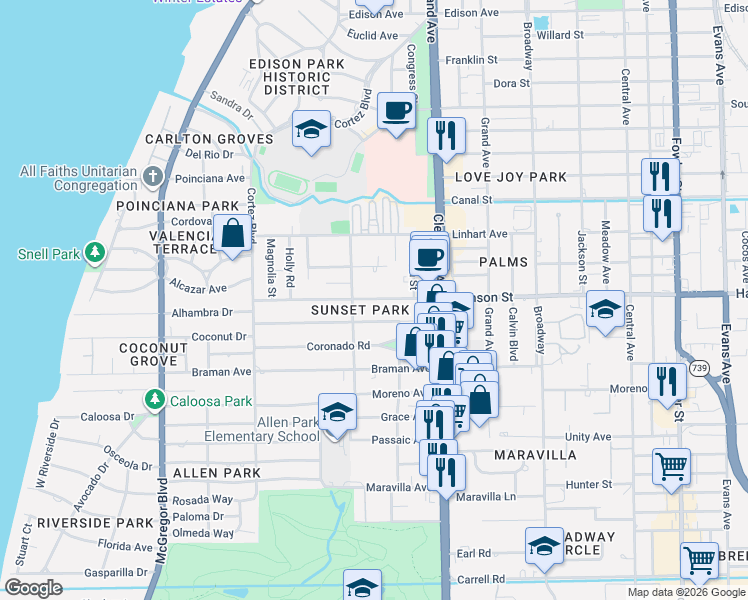 map of restaurants, bars, coffee shops, grocery stores, and more near 1857 Sunset Place in Fort Myers