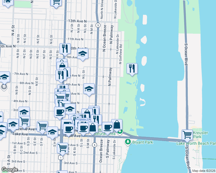 map of restaurants, bars, coffee shops, grocery stores, and more near 519 North Palmway in Lake Worth