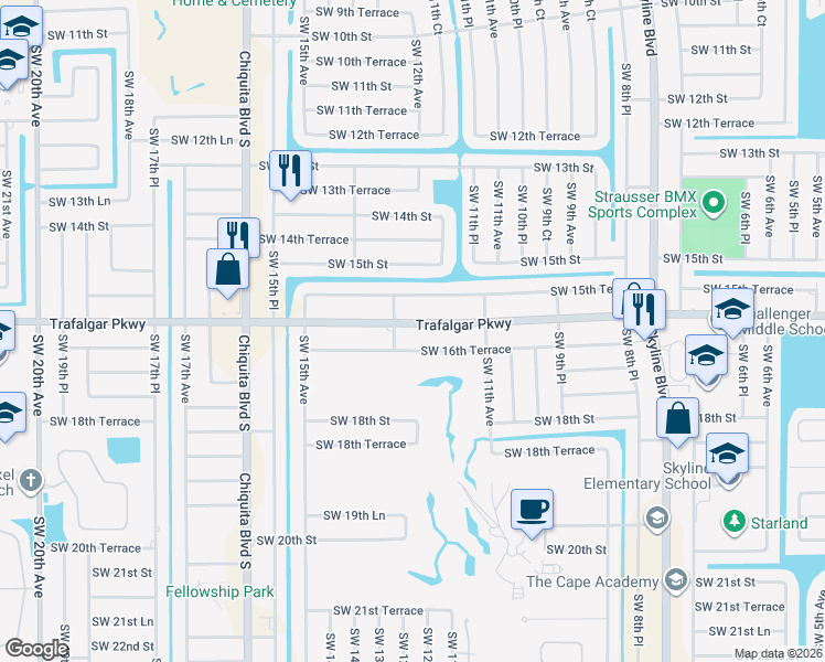 map of restaurants, bars, coffee shops, grocery stores, and more near 1203 Southwest 16th Terrace in Cape Coral