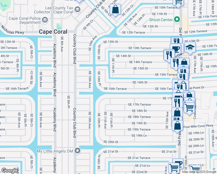 map of restaurants, bars, coffee shops, grocery stores, and more near 1021 Southeast 16th Terrace in Cape Coral
