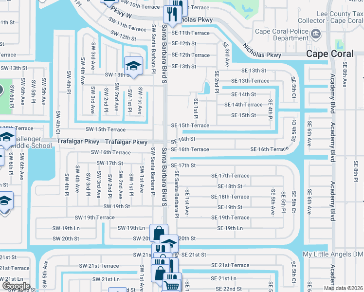 map of restaurants, bars, coffee shops, grocery stores, and more near 110 Southeast 16th Terrace in Cape Coral