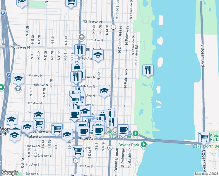 map of restaurants, bars, coffee shops, grocery stores, and more near 10 North Olive Avenue in Lake Worth