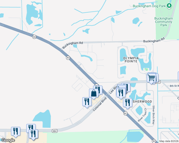 map of restaurants, bars, coffee shops, grocery stores, and more near 445 Florida 82 in Lehigh Acres