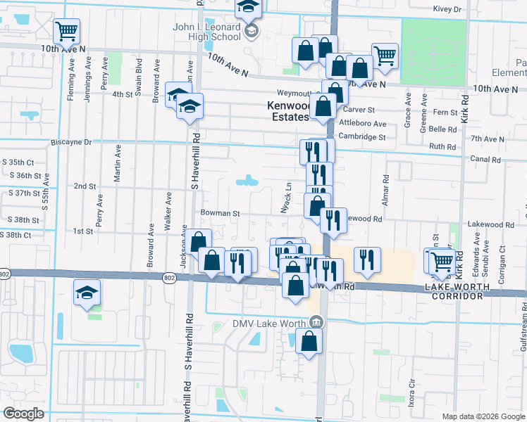 map of restaurants, bars, coffee shops, grocery stores, and more near 3741 Mil-Lake Circle in Greenacres