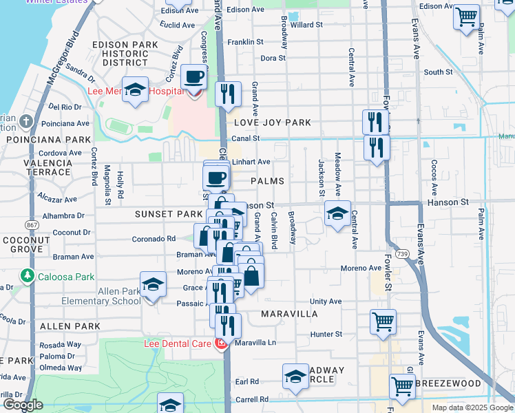 map of restaurants, bars, coffee shops, grocery stores, and more near 3000 Grand Avenue in Fort Myers