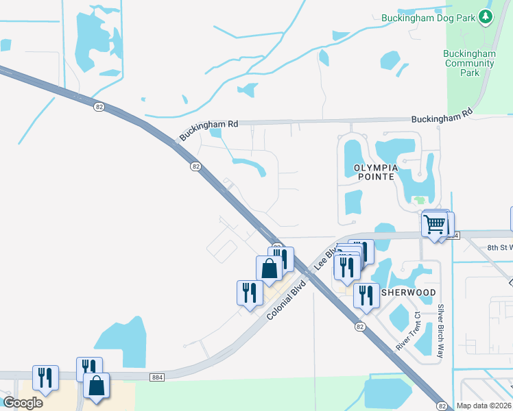 map of restaurants, bars, coffee shops, grocery stores, and more near 445 Florida 82 in Lehigh Acres