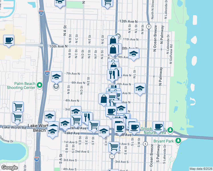 map of restaurants, bars, coffee shops, grocery stores, and more near 527 North H Street in Lake Worth