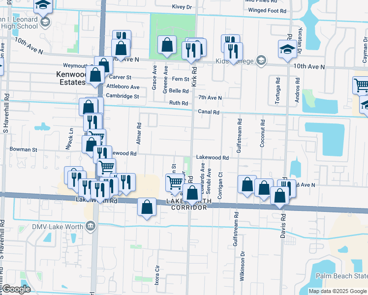 map of restaurants, bars, coffee shops, grocery stores, and more near 4035 Lakewood Road in Lake Worth