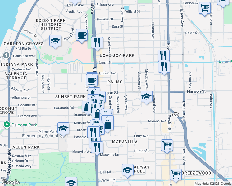 map of restaurants, bars, coffee shops, grocery stores, and more near 3009 Grand Avenue in Fort Myers