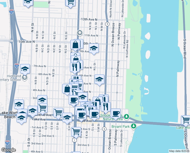 map of restaurants, bars, coffee shops, grocery stores, and more near 519 6th Avenue North in Lake Worth