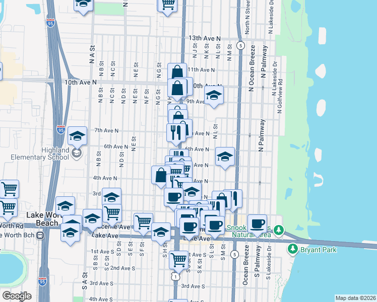 map of restaurants, bars, coffee shops, grocery stores, and more near 515 North J Street in Lake Worth