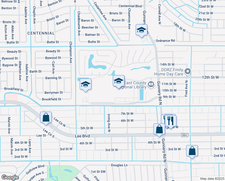 map of restaurants, bars, coffee shops, grocery stores, and more near 901 Gunnery Road North in Lehigh Acres